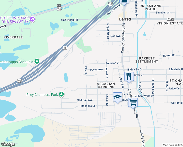 map of restaurants, bars, coffee shops, grocery stores, and more near 12215 Myrtle Avenue in Crosby
