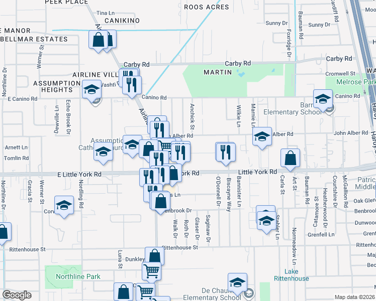 map of restaurants, bars, coffee shops, grocery stores, and more near 135 Little York Road in Houston