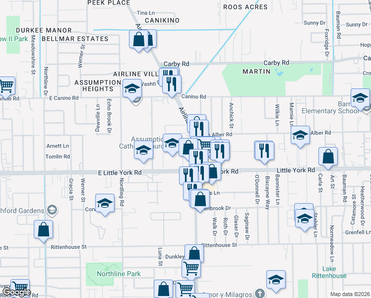 map of restaurants, bars, coffee shops, grocery stores, and more near 7525 Airline Drive in Houston