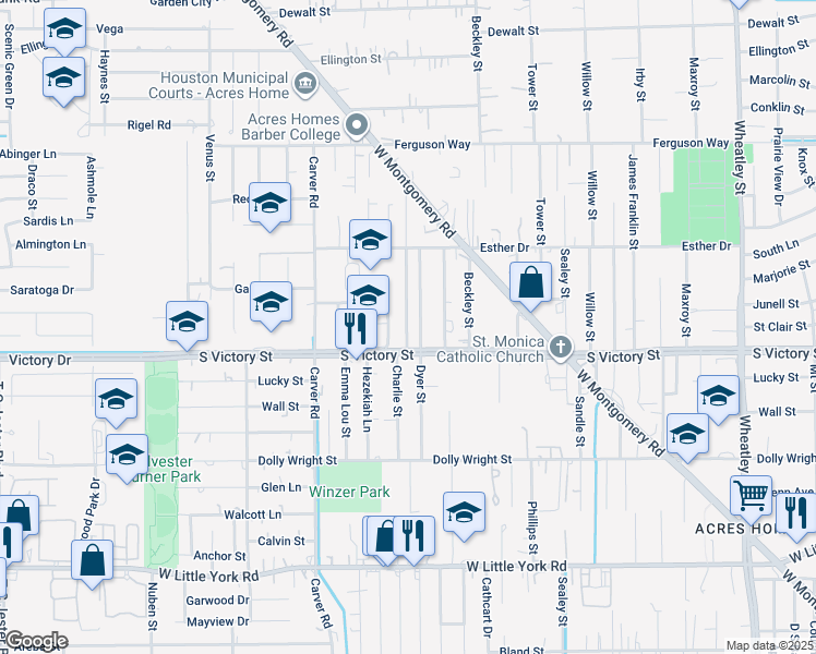 map of restaurants, bars, coffee shops, grocery stores, and more near 7711 Orebo Street in Houston