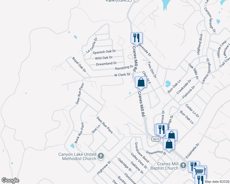 map of restaurants, bars, coffee shops, grocery stores, and more near 2496 Deer Run Pass in Canyon Lake