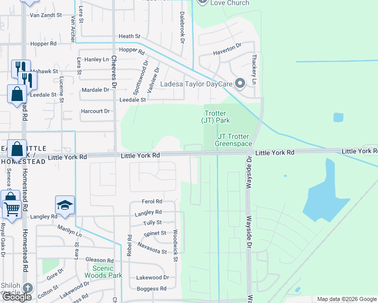 map of restaurants, bars, coffee shops, grocery stores, and more near 7797 Little York Road in Houston