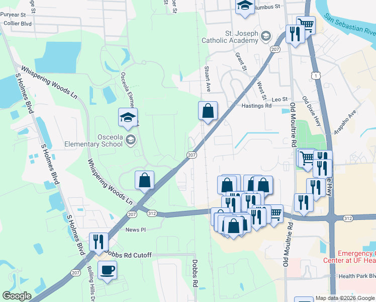 map of restaurants, bars, coffee shops, grocery stores, and more near 800 Whispering Cir in St Augustine