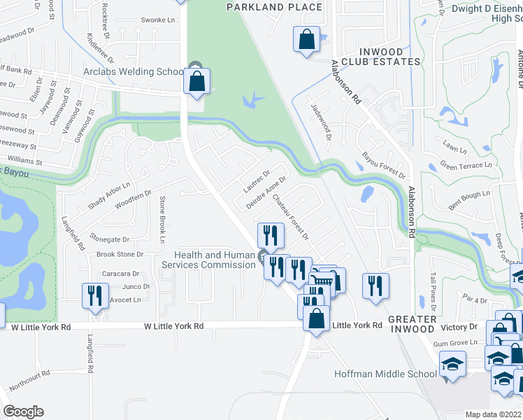 map of restaurants, bars, coffee shops, grocery stores, and more near 6422 French Chateau Drive in Houston