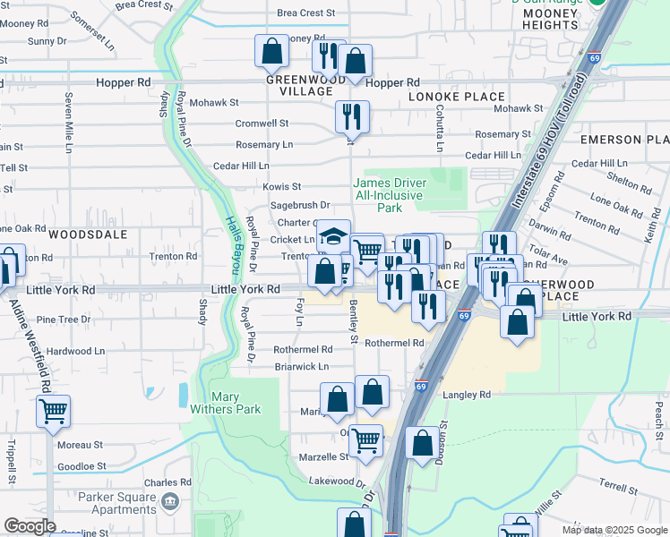 map of restaurants, bars, coffee shops, grocery stores, and more near 3027 Trenton Road in Houston
