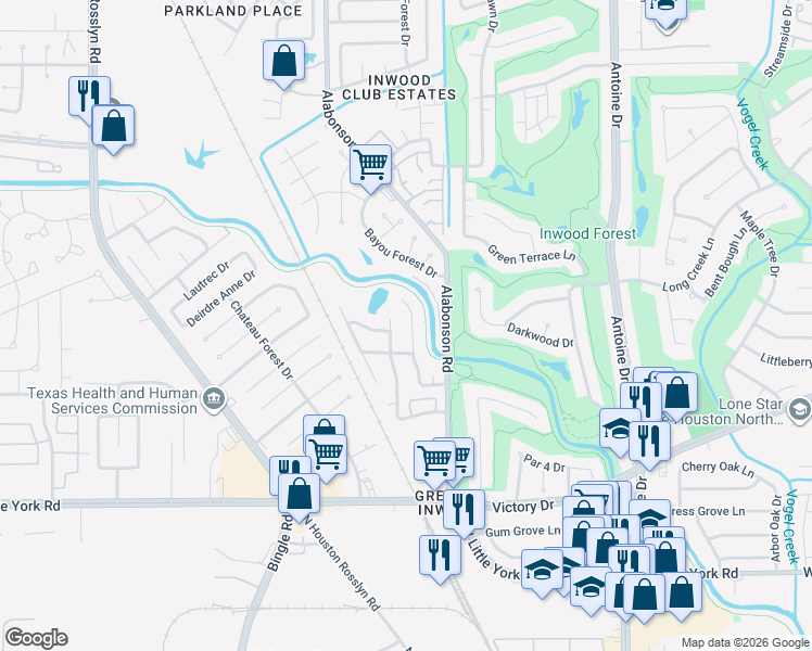 map of restaurants, bars, coffee shops, grocery stores, and more near 7039 Bent Branch Drive in Houston