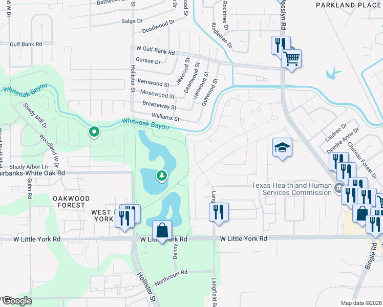 map of restaurants, bars, coffee shops, grocery stores, and more near 9015 Langfield Road in Houston