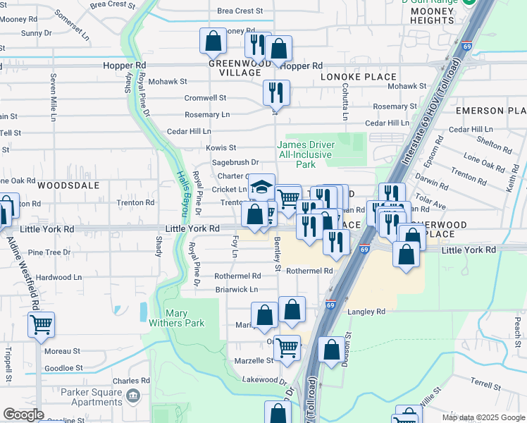 map of restaurants, bars, coffee shops, grocery stores, and more near 3021 Little York Road in Houston