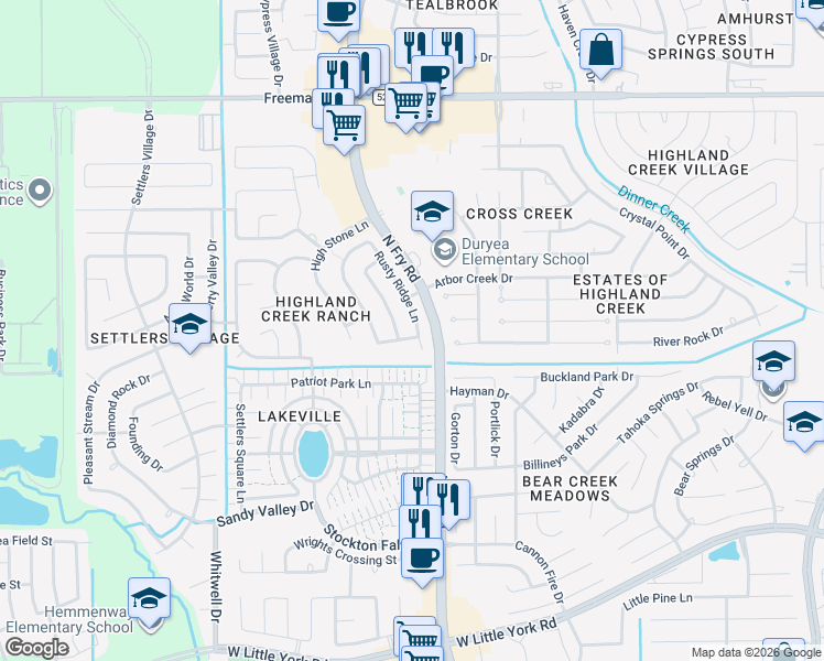 map of restaurants, bars, coffee shops, grocery stores, and more near 6646 Rusty Ridge Lane in Katy