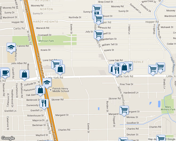 map of restaurants, bars, coffee shops, grocery stores, and more near 1901 Little York Road in Houston