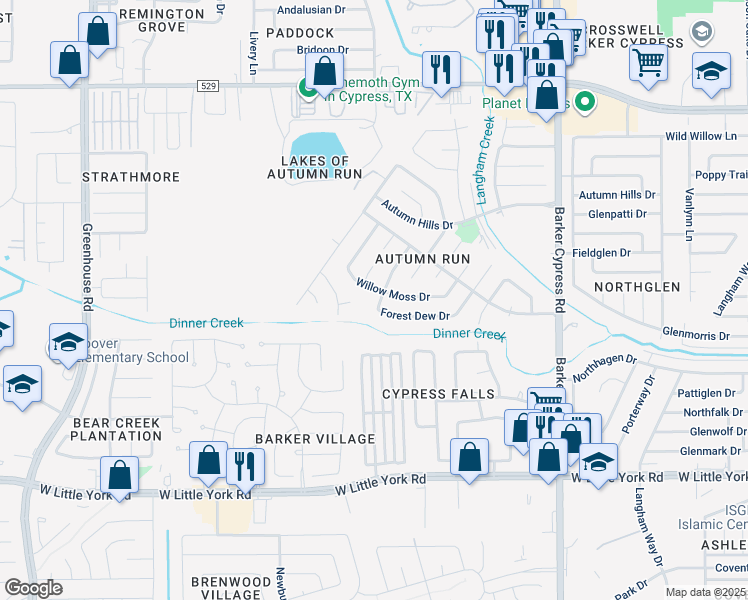 map of restaurants, bars, coffee shops, grocery stores, and more near 6607 Amberfield Lane in Katy