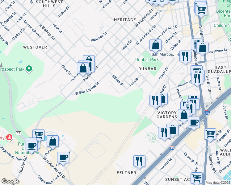 map of restaurants, bars, coffee shops, grocery stores, and more near 416 Faris Street in San Marcos