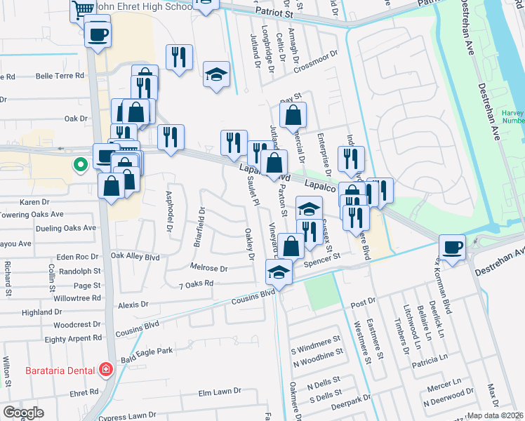 map of restaurants, bars, coffee shops, grocery stores, and more near 2037 Saulet Place in Harvey