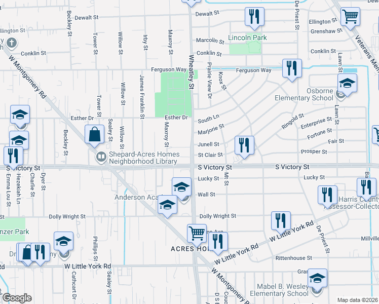 map of restaurants, bars, coffee shops, grocery stores, and more near 7901 Wheatley Street in Houston