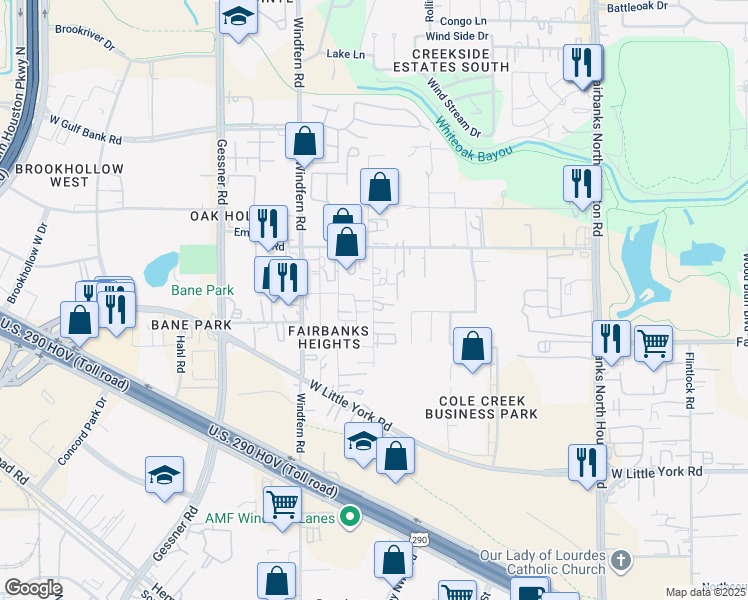 map of restaurants, bars, coffee shops, grocery stores, and more near 7015 Lou Anna Street in Houston