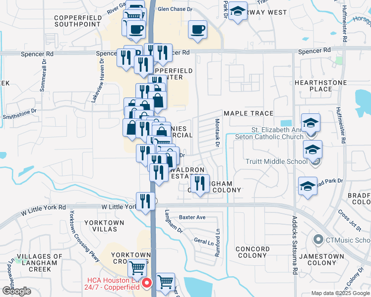 map of restaurants, bars, coffee shops, grocery stores, and more near 15550 Kingfield Drive in Houston