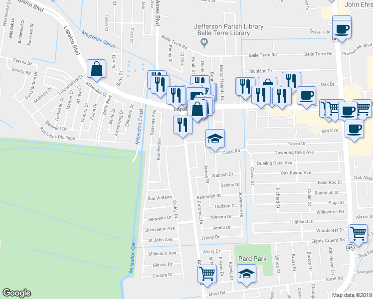 map of restaurants, bars, coffee shops, grocery stores, and more near 2007 Ames Boulevard in Marrero
