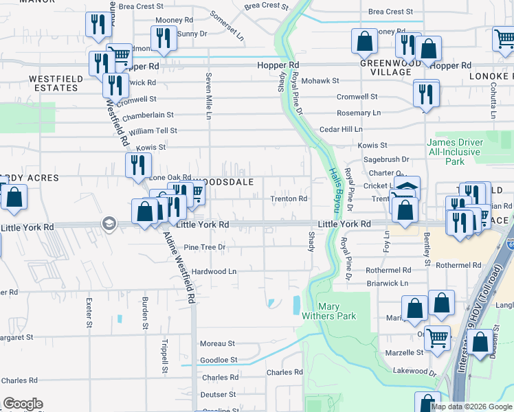 map of restaurants, bars, coffee shops, grocery stores, and more near 2529 Trenton Road in Houston