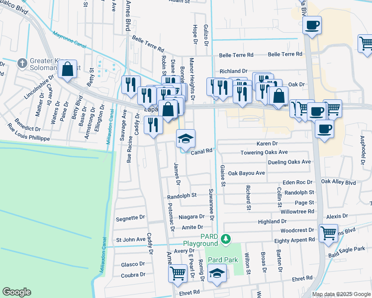 map of restaurants, bars, coffee shops, grocery stores, and more near 2008 Bonnie Ann Drive in Marrero