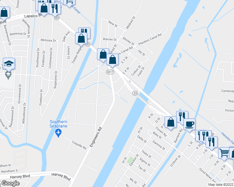 map of restaurants, bars, coffee shops, grocery stores, and more near 257 West W Street in Belle Chasse