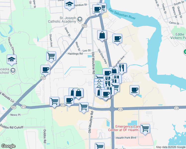 map of restaurants, bars, coffee shops, grocery stores, and more near 1625 Old Moultrie Road in St. Augustine