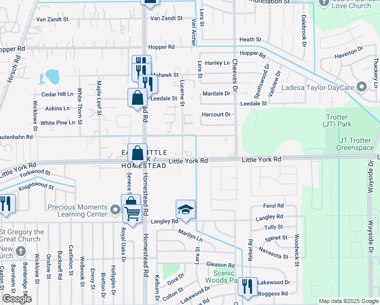 map of restaurants, bars, coffee shops, grocery stores, and more near 10800 Lucerne Street in Houston