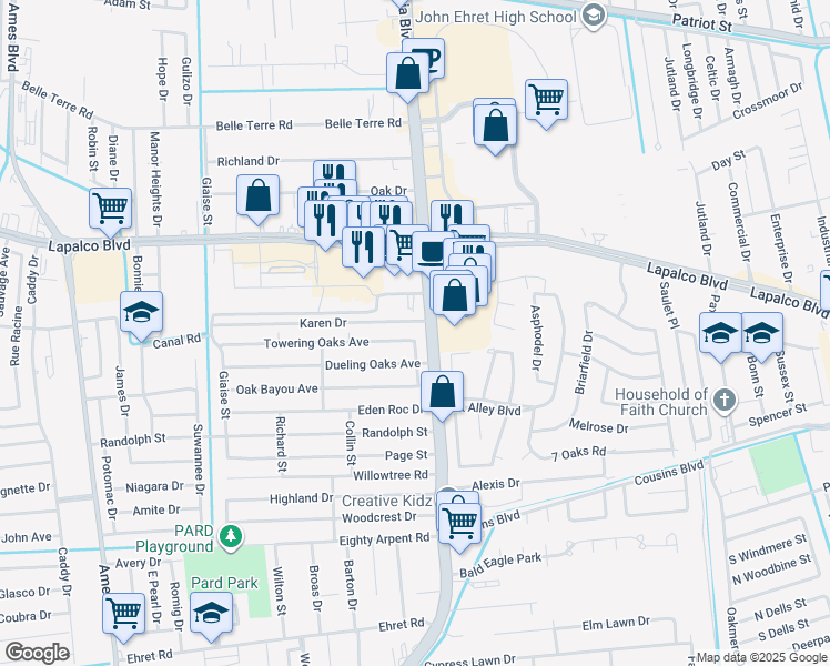 map of restaurants, bars, coffee shops, grocery stores, and more near 5020 Karen Drive in Marrero