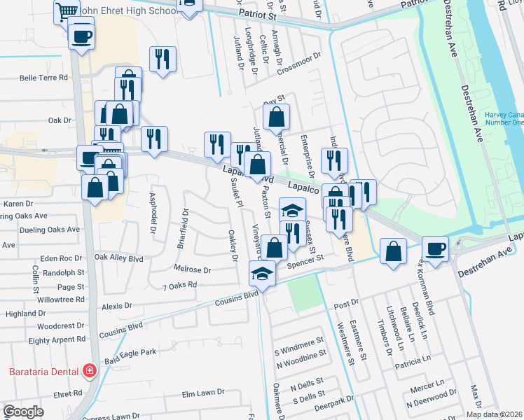 map of restaurants, bars, coffee shops, grocery stores, and more near 2040 Paxton St in Harvey