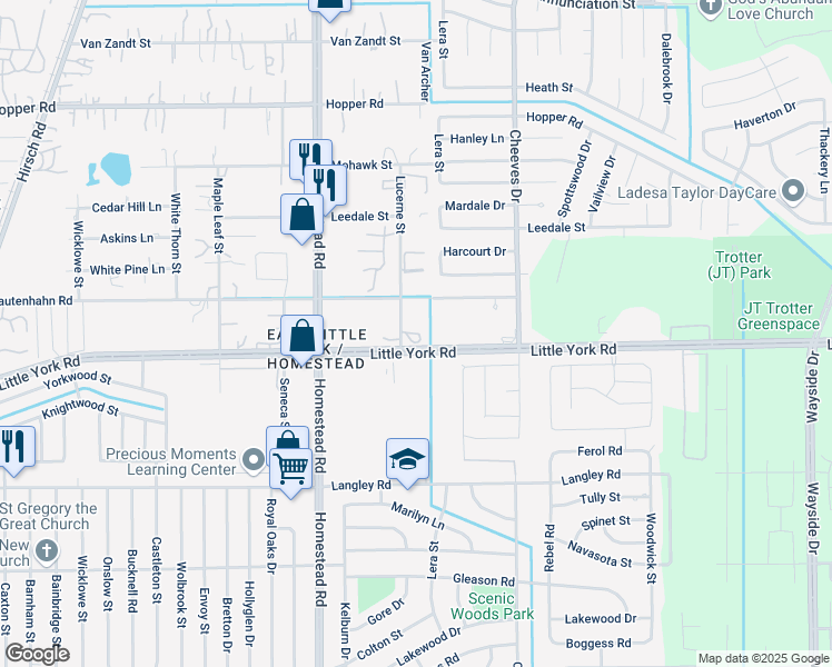 map of restaurants, bars, coffee shops, grocery stores, and more near 10800 Lucerne Street in Houston