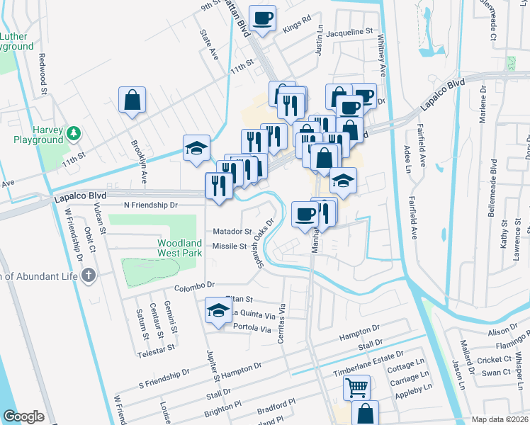 map of restaurants, bars, coffee shops, grocery stores, and more near 2024 Spanish Oaks Drive in Harvey