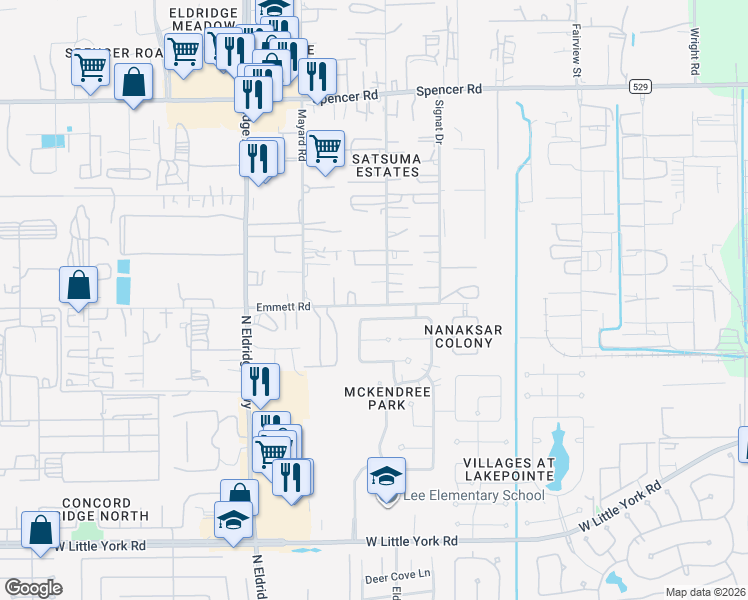 map of restaurants, bars, coffee shops, grocery stores, and more near 12926 Emmett Road in Houston