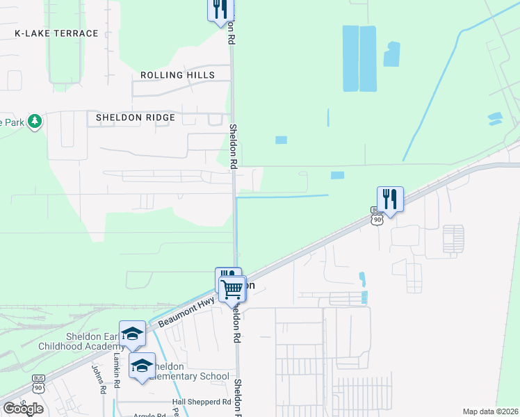 map of restaurants, bars, coffee shops, grocery stores, and more near 10878 Sheldon Road in Houston