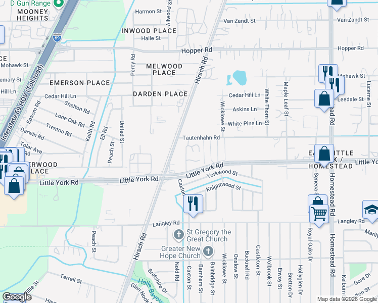 map of restaurants, bars, coffee shops, grocery stores, and more near 5230 Tautenhahn Road in Houston