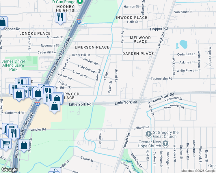 map of restaurants, bars, coffee shops, grocery stores, and more near 10922 Peach Street in Houston
