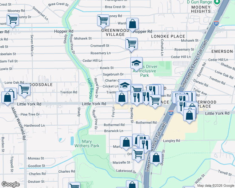 map of restaurants, bars, coffee shops, grocery stores, and more near 3027 Trenton Road in Houston