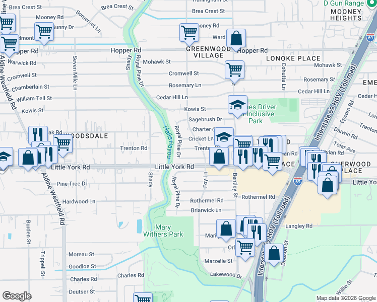 map of restaurants, bars, coffee shops, grocery stores, and more near 2907 Trenton Road in Houston