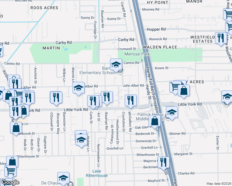 map of restaurants, bars, coffee shops, grocery stores, and more near 11820 Cardiff Road in Houston