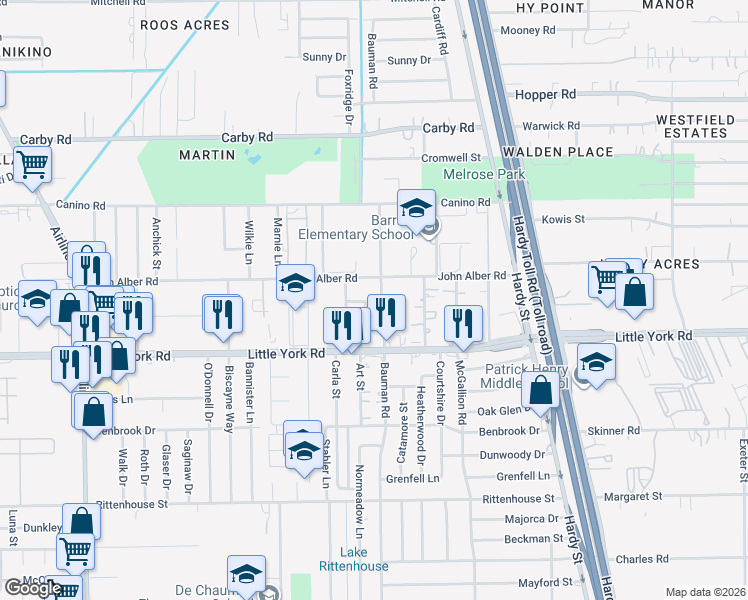 map of restaurants, bars, coffee shops, grocery stores, and more near 11746 Art Street in Houston