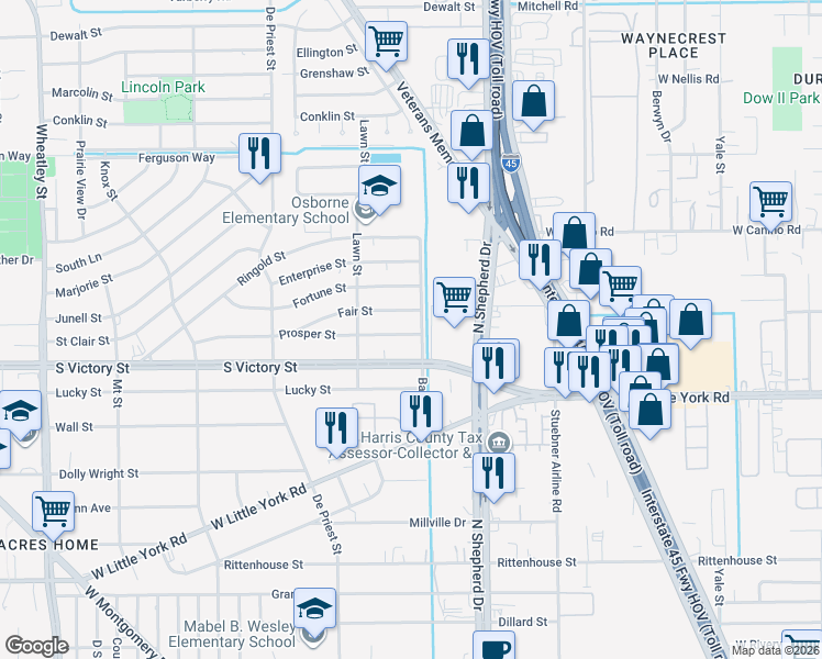 map of restaurants, bars, coffee shops, grocery stores, and more near 751 Fair Street in Houston