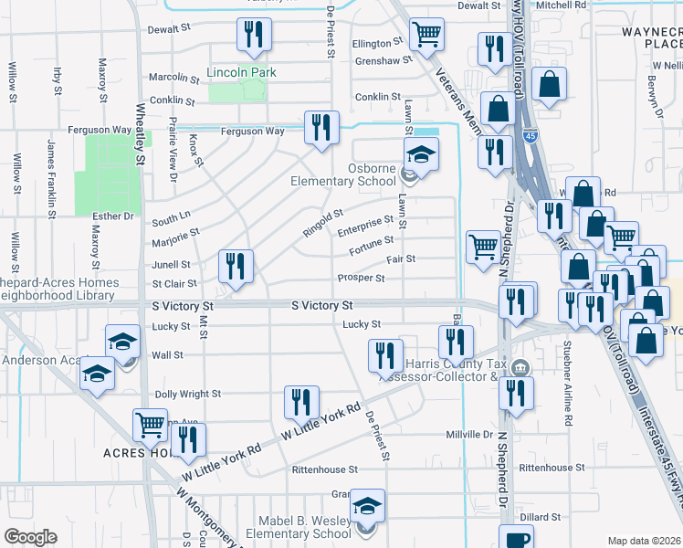 map of restaurants, bars, coffee shops, grocery stores, and more near 7817 De Priest Street in Houston