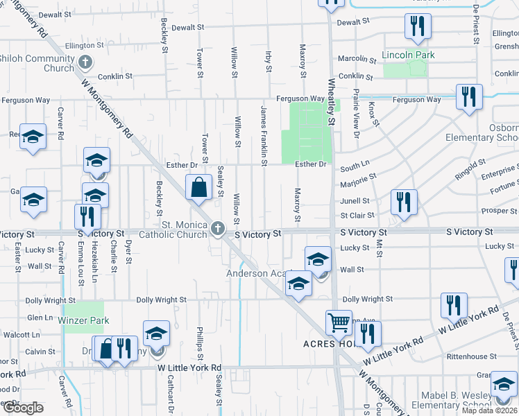 map of restaurants, bars, coffee shops, grocery stores, and more near 7819 Virgil Street in Houston
