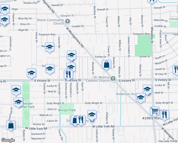 map of restaurants, bars, coffee shops, grocery stores, and more near 7827 Beckley Street in Houston