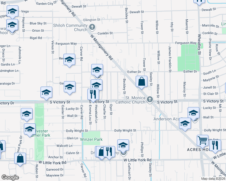 map of restaurants, bars, coffee shops, grocery stores, and more near 7838 Dyer Street in Houston