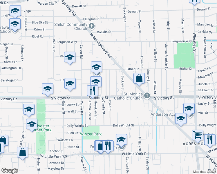 map of restaurants, bars, coffee shops, grocery stores, and more near 7838 Dyer Street in Houston
