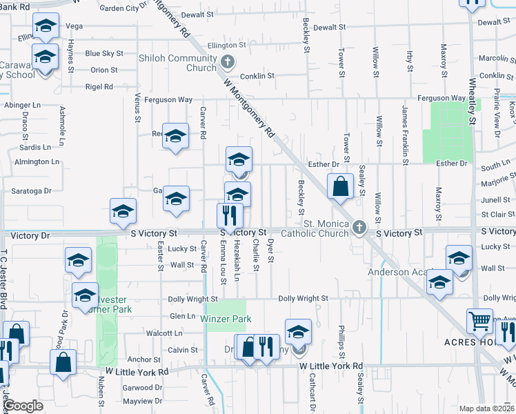 map of restaurants, bars, coffee shops, grocery stores, and more near 7825 Orebo Street in Houston