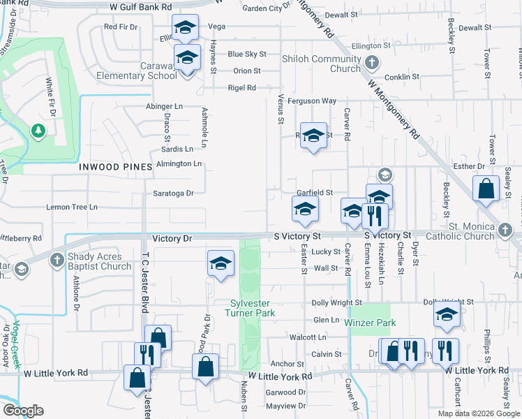 map of restaurants, bars, coffee shops, grocery stores, and more near 7907 Sunnyhill Street in Houston