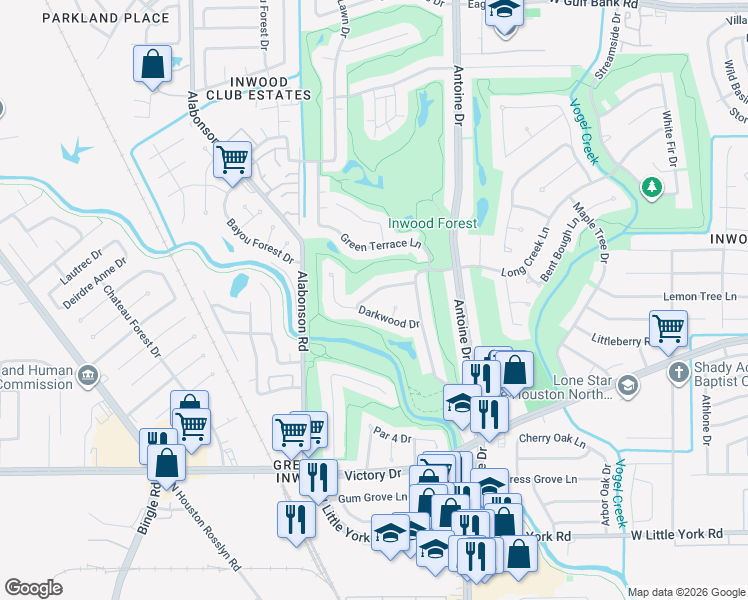 map of restaurants, bars, coffee shops, grocery stores, and more near 5942 Bent Bough Lane in Houston