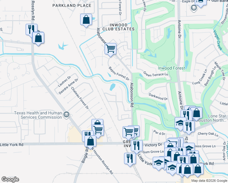 map of restaurants, bars, coffee shops, grocery stores, and more near 7039 Bent Branch Drive in Houston