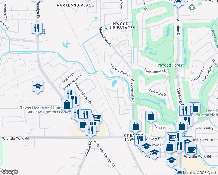 map of restaurants, bars, coffee shops, grocery stores, and more near 6222 Lonesome Bayou Lane in Houston