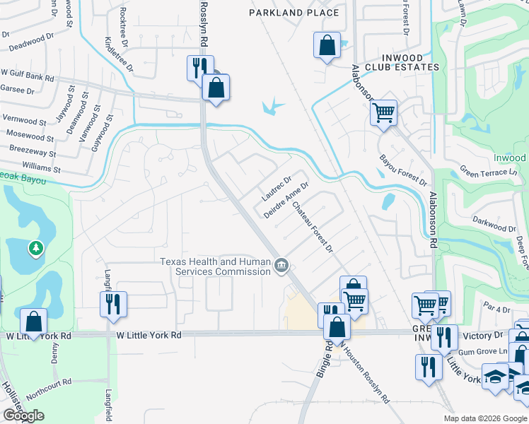 map of restaurants, bars, coffee shops, grocery stores, and more near 6418 Deirdre Anne Drive in Houston